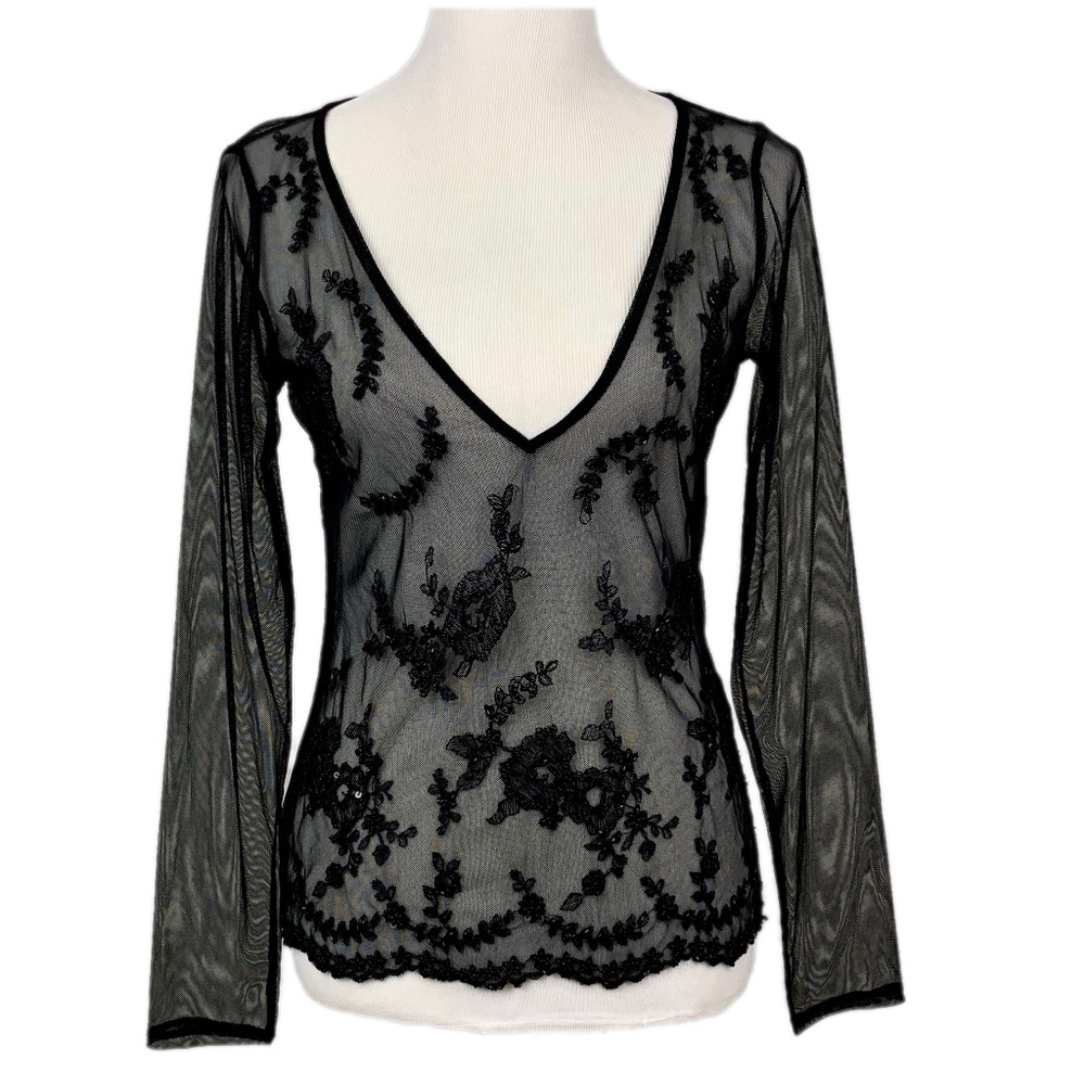 NY & Company Black Sheer Beaded Floral Blouse Cocktail Top NWT S - Picture 4 of 8
